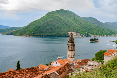 Beautiful view on Perast, an old city on coastline of adriatic sea in Montenegroの写真素材