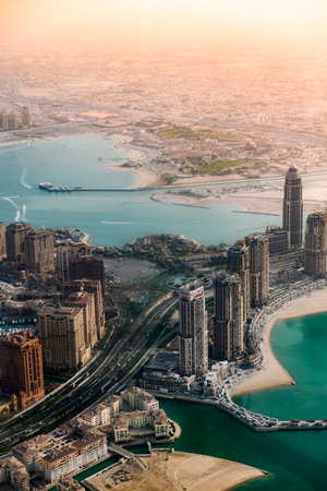 Aerial view of Doha capital city of Qatar with tower and construction