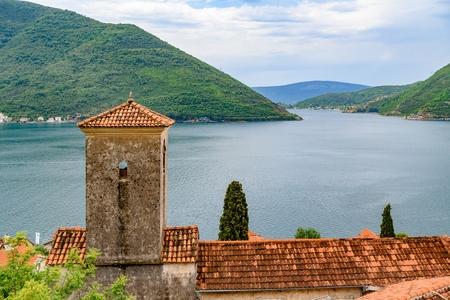 Beautiful view on Perast, an old city on coastline of adriatic sea in Montenegroの写真素材