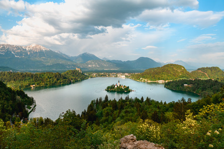 Beautiful view of Lake Bled from Ojstrica Hill View Point, Sloveniaの写真素材