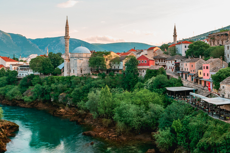 View of historic Mostar city in Bosnia and Herzegovina.のeditorial素材
