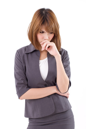 portrait of stressful business woman, white isolated backgroundの写真素材