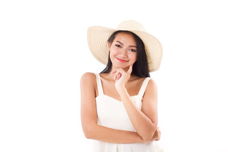 smiling summer lady looking at you, white background with spaceの写真素材