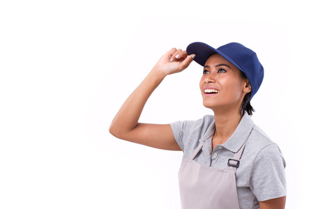 happy, successful female worker looking upの写真素材
