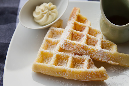 waffle with icing sugar, butter, syrupの写真素材