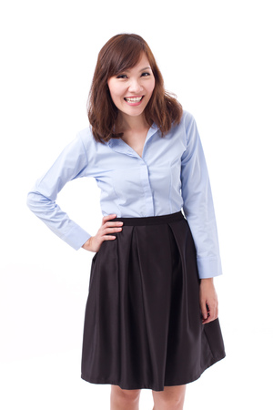 happy asian woman, arm akimboの写真素材