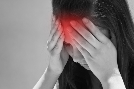 woman with serious headache, migraine, stress, hangover, mental problemの写真素材