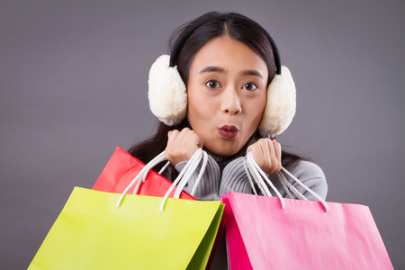 happy woman shopper with shopping bagの写真素材