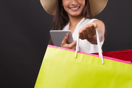 shopping woman with computer tablet, online shoppingの写真素材