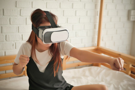 woman with action fighting game VR virtual reality headsets