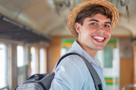 portrait of man backpack traveler with hat; concept of traveling, tourism, vacation trip, backpack...