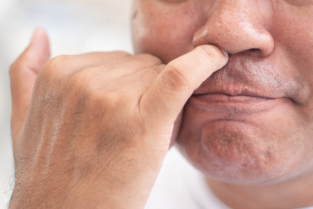 man picking his nose with nasty, dirty habit; concept of nose picking, unhealthy habit, bad manner...