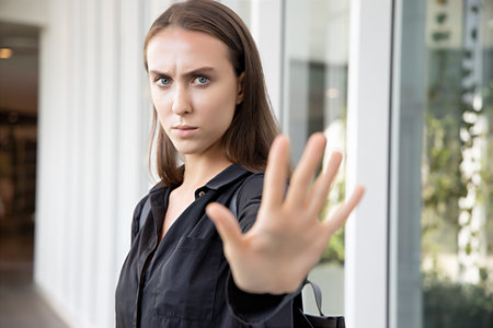 woman saying no or stop with hand gesture; caucasian white woman puts her hand up for stop, halt, no...