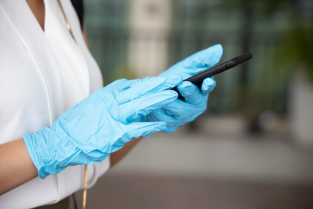 woman with blue rubber glove using smartphone, concept of telemedicine, online shopping, online food...