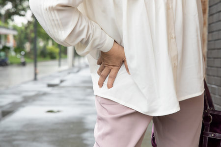 sick old senior woman suffering from pelvic pain, hip stiffness, gout, rheumatoid, osteoporosis