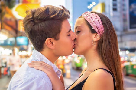 Young couple kissing with love and romance, concept of togetherness and lover valentine day