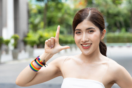 Non-binary LGBT person showing L hand sign for LGBT awareness pride monthの写真素材