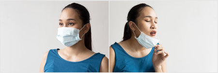 woman taking a breath out of face mask and still wearing face mask in before and after style, concept image of long covid and post pandemic world, with or without maskの写真素材