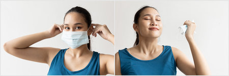 woman finally removing face mask and still wearing face mask in before and after style, concept image of long covid and post pandemic world, taking off or still wearing a maskの写真素材