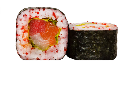 Sushi roll with salmon and shrimp tempuraの写真素材