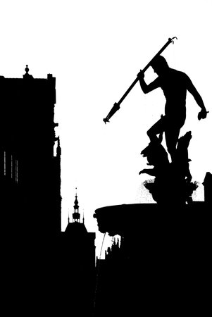 Black-and-white silhouette of Neptune Fountain in Gdansk in the Old Town, Danzig, Polandの写真素材