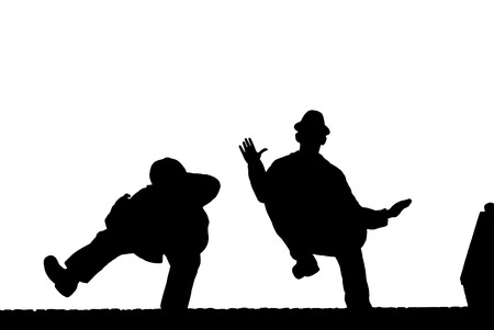silhouette of male dancer isolated on white, dance of man in hat, bottom view, bottom foreshorteningの写真素材