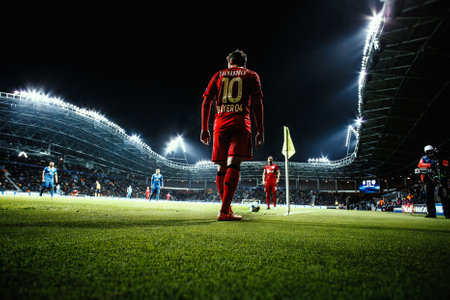 Borisov, Belarus - OCTOBER  2015. Borisov-Arena: The UEFA Champions League match between Bate Borisov and Bayer. Cornerのeditorial素材