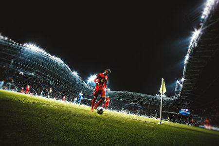 Borisov, Belarus - OCTOBER  2015. Borisov-Arena: The UEFA Champions League match between Bate Borisov and Bayer. Preparing for conerのeditorial素材
