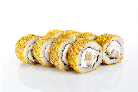sushi roll set of pistachio nut on white background with reflection, isolatedの写真素材