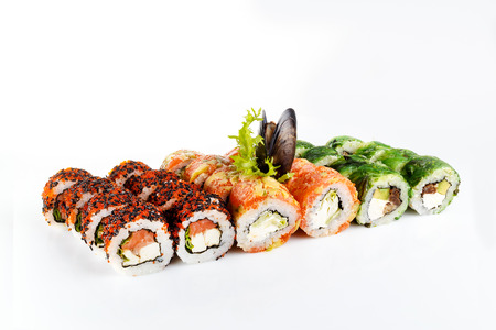 Set of sushi rolls with mussel on white background with reflection, isolatedの写真素材