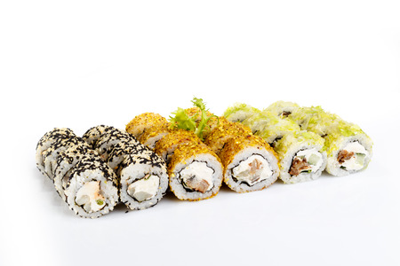 Set of sushi rolls on white background with reflection, isolatedの写真素材