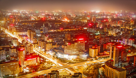 Beijing, China - May 2016. View over the big asian city of Beijing. China at nighttime when the tall skyscrapers are illuminated, top wievのeditorial素材