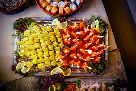Catering service. Restaurant table with food at event. Top viewの写真素材