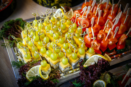 Catering service. Restaurant table with food at event. Top viewの写真素材