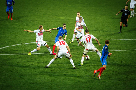 BORISOV - BELARUS, SEPTEMBER 2016 : France national football team in match of World Cup Qual. UEFA Group A. between Belarus and France at the Borisov-Arena on September 6, 2016 in Borisov.のeditorial素材