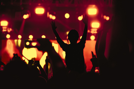 Black silhouette of young girl on rock concert, openair fest partyの写真素材