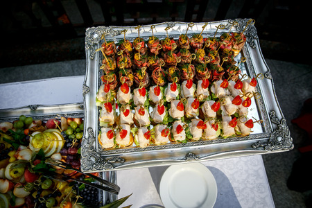 Catering service. Restaurant table with food at event partyの写真素材