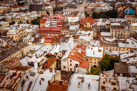 Top view on colorful roofs and houses of old European city of Lvov in Ukraineの写真素材