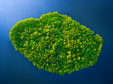 Top view of a small green island in the blue sea, ocean, river, lake. The weather is sunny.の写真素材