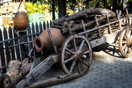Ancient wooden cart in the barn. Closeup.の写真素材