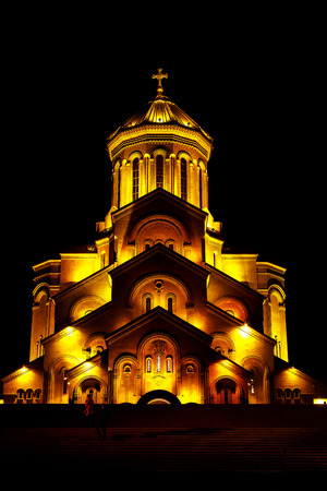 The Holy Trinity Cathedral of Tbilisi commonly known as Sameba in Georgia, Night timeの写真素材