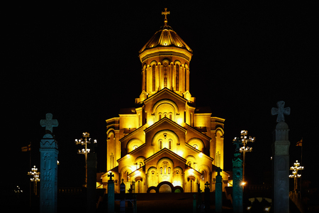 The Holy Trinity Cathedral of Tbilisi commonly known as Sameba in Georgia, Night timeの写真素材