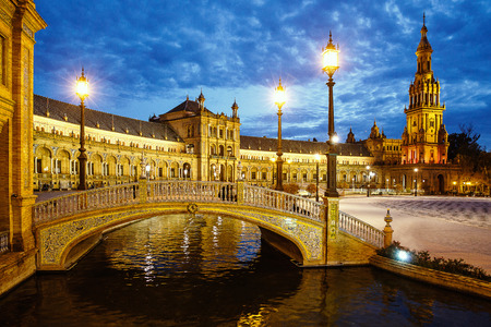 Plaza de Espana, Plaza of Spain in Seville, lights on, twilight on squereの写真素材