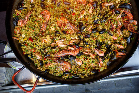 Seafood spanish paella, top viewの写真素材