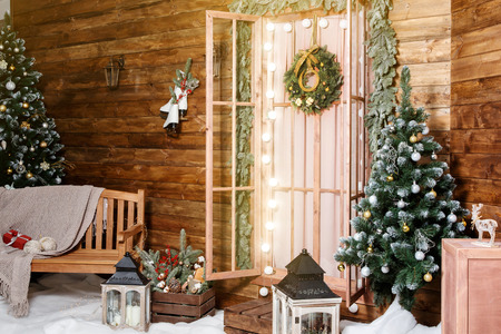 Interior living room with a Christmas tree and decorationsの写真素材
