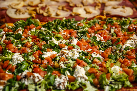 Close-up, ingredients of Italian pizza. Vegetables and meatの写真素材