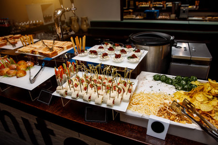 Catering services background with snacks on guests table in restaurant at event party, ?anape