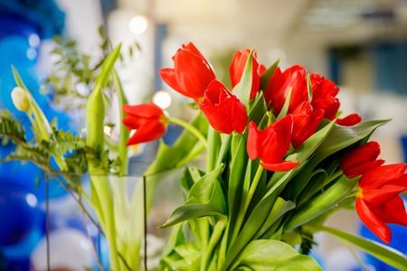 Bouquet of red spring tulips in officeの写真素材