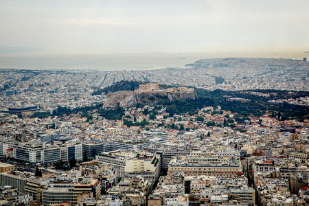 Aerial birds eye view photo of iconic city of Athens, Greece. Big city. Residential areas. Day lightの写真素材