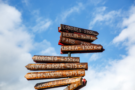 Pillar with direction to different capitals of the world. Distances from the Azores, Portugalの写真素材